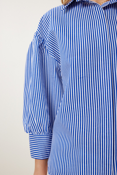 Happiness İstanbul Cămașă din popelin cu mâneci cu balon cu dungi albastre și albe pentru femei ZV00316