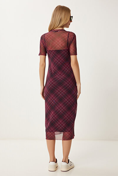 Happiness İstanbul Women's Burgundy Black Checkered Lined Tulle Dress An00251
