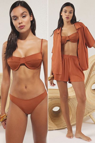 Trendyol Collection Комплект от 4 кафяви бикини, риза и шорти, плажен комплект от 4 части TBESS25JS00006