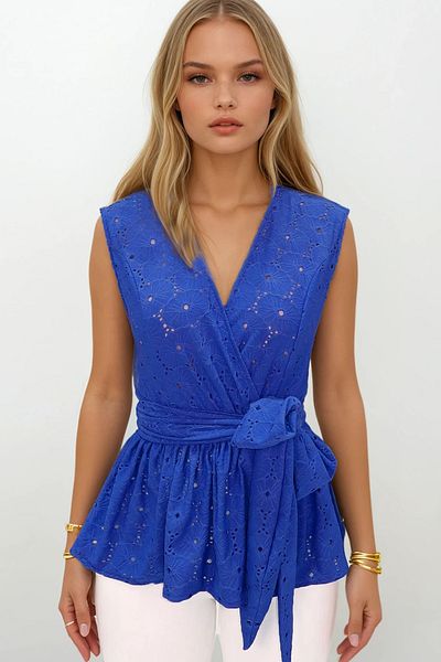 Trend Alaçatı Stili Women's Saks Double Breasted Collar Self Belted Skirt Flounced Guipure Blouse Alc-X14173