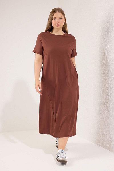 Trendyol Curve Brązowa sukienka midi z dzianiny bawełnianej 100% TBBSS24AH00067