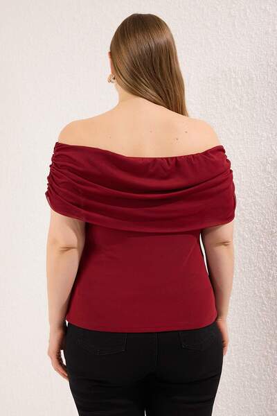 Trendyol Curve Piros Carmen galléros tüll kötött nagyméretű blúz TBBSS25AF00031