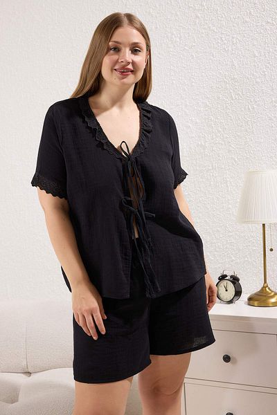 Trendyol Curve Mušelín Woven - Detailní sada pyžama z černé krajky TBBSS25AI00076