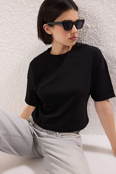 Trendyol Collection Black Stone Regular/Normal Fit Crop Knitted T-Shirt Twoss25Ts00212