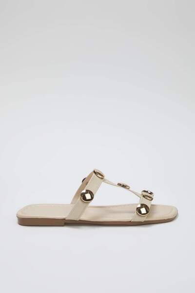 TRENDYOL SHOES Beige Gold Accessory Detailed Square Toe Stylish Women's Slippers Takss25Te00012