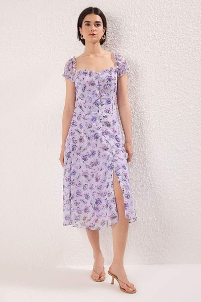 Trendyol Collection Lilac Floral Midi Lined Chiffon Woven Shirt Dress Twoss25El00563