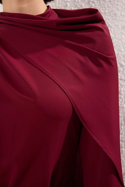 Trendyol Modest Burgundy Cape Detailed Woven Evening Dress Tctss25Db00023