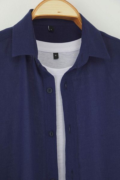 Trendyol Collection Πουκάμισο με λινό εφέ με ρυτίδες κανονική εφαρμογή Navy BlueTMNSS23GO00061