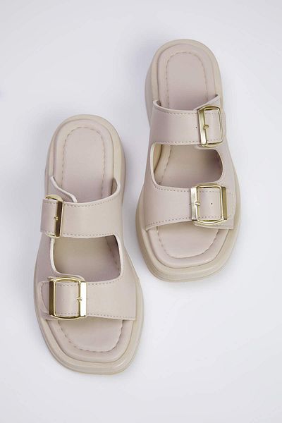TRENDYOL SHOES Beige Double Banded Buckle Detailed Thick Sole Women's Slippers Takss25Te00044