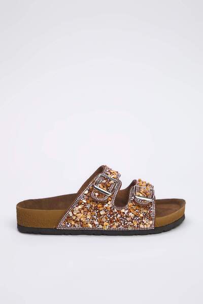 TRENDYOL SHOES Γυναικείες παντόφλες με διπλό λουράκι με καφέ χάντρες TAKSS25TE00039