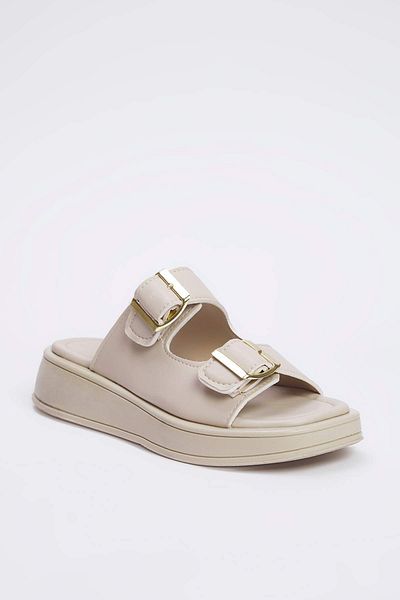 TRENDYOL SHOES Beige Double Banded Buckle Detailed Thick Sole Women's Slippers Takss25Te00044