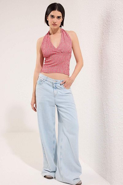 Trendyol Collection Red Pöti Square Neck Halter Neck Fitted Stretchy Knitted Bluse TWOSS25BZ00565