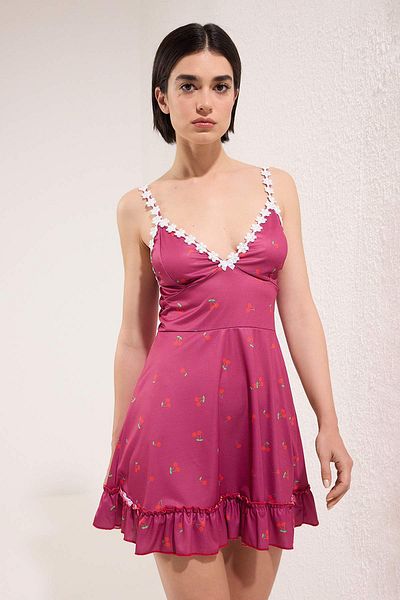 Trendyol Collection Burgundy Floral and Cherry Knitted Nightgown Thmss25Gc00024