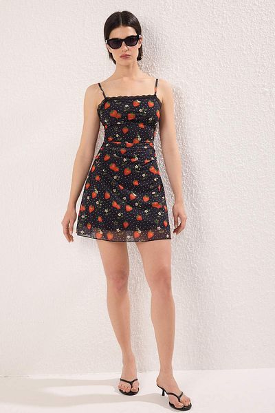 Trendyol Collection Multicolor Strawberry Printed Tulle Ruffle Short / Mini Stretchy Knitted Dress Twoss25El00841