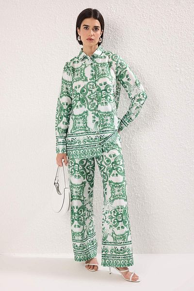 Trendyol Modest Mint Patterned Satin Woven Bottom-Top Set Tctaw25Us00081