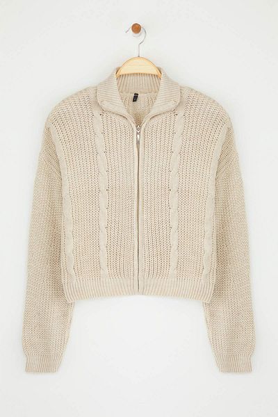Trendyol Collection Stone*001 Crop Straight Stand Collar Knitwear Cardigan Twoaw24Hi00238