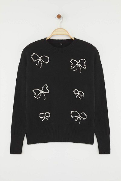 Trendyol Collection Black Pearl Bow Pattern Knitwear Sweater Twoaw26Kz00033