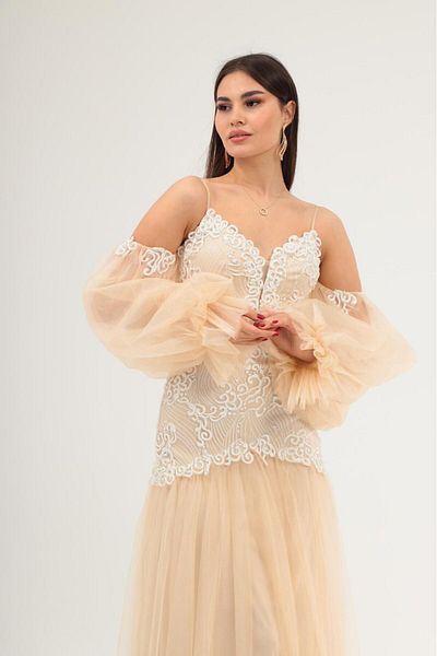 Robes Women's Detachable Sleeves Detailed Straps Lace and Tulle Fabric Long Stylish Evening Dress