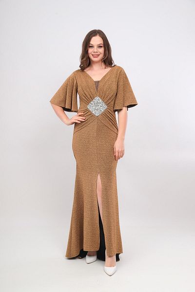 Robes Glittery V-neck Embroidered and Gather Detailed Slit Fish Dress