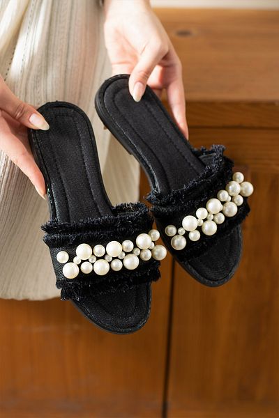 DESPİNA Ri̇va Women's Straw Detailed Pearl Slippers – Comfortable Sole Summer Daily Beach Slippers