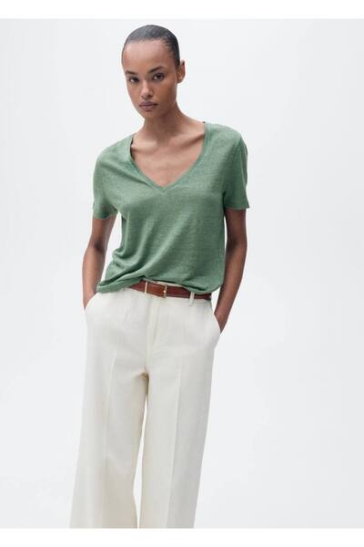 MANGO Woman Linen T-shirt with V-neck