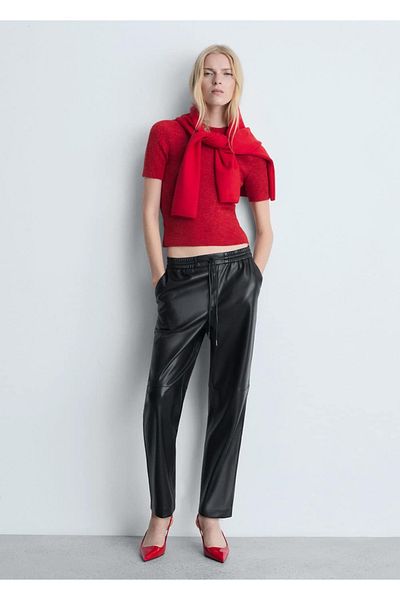 MANGO Woman Leather look elastic waist pants