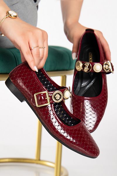 Genetti Keilly Large Stone Buckle Detailed Burgundy Patent Leather Full Mold Daily Women's Ballerinas