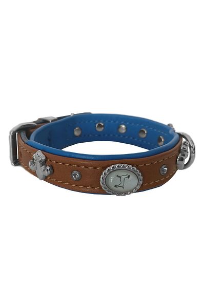 Angoravi Leather Stone and Figured Dog Collar 25-30 cm Brown Blue