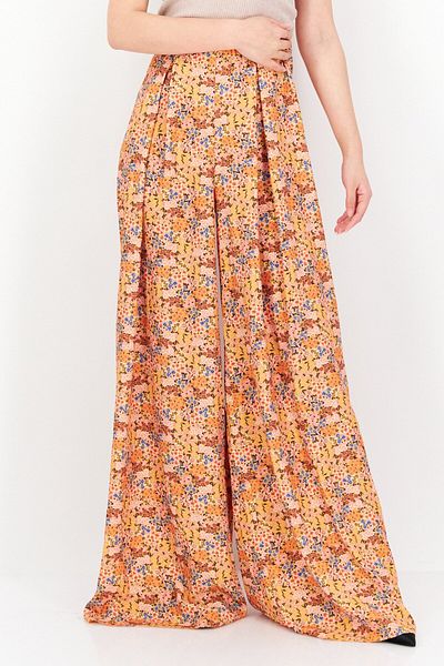 Asos Design Women Floral Print High Waist Wide Leg Pants, Orange