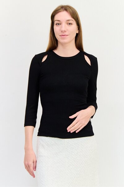 Salsa بلوزة نسائية بأكمام طويلة ورقبة دائرية مضلعة، لون أسود