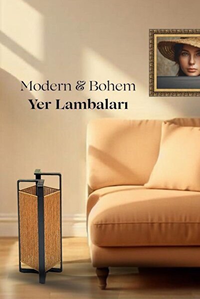 Forada Home & Style Dekoratif Kağıt İp Örgü Metal Yer Lambası