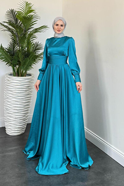 Şulemoda Giyim Μαξι Τεσεττουρικό βραδινό φόρεμα με πιέτες στη μέση τουρκουάζ