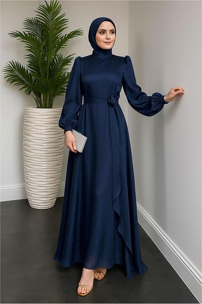 TRENDTESETTÜR Women's Navy Blue Night Dress with Lace Detail t 9126