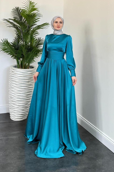 Şulemoda Giyim Μαξι Τεσεττουρικό βραδινό φόρεμα με πιέτες στη μέση τουρκουάζ