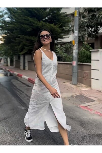 SKYstyles Beyaz pamuklu kumaş fistolu elbise