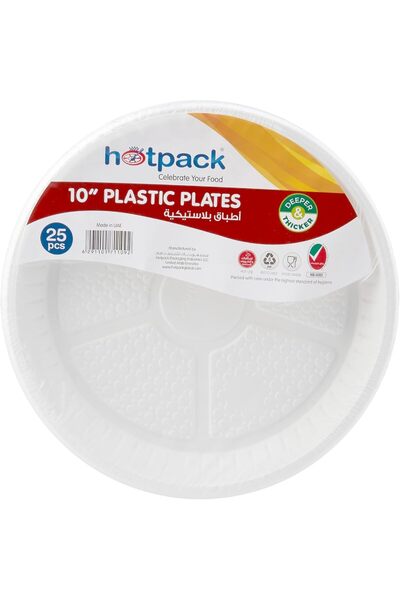 Hotpack White Round Disposable Plastic Plates, 25 cm, 25 pieces