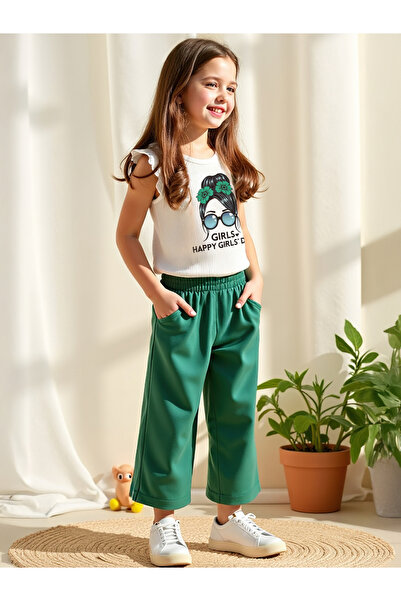 Take Two By Styli Kids Green Printed T-Shirt and Wide Leg 2pcs Pant