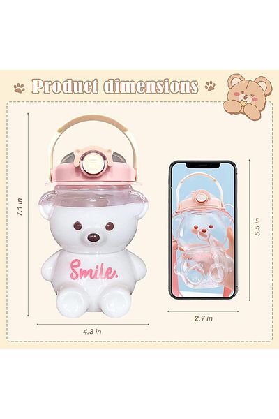 Generic YHRY Kawaii Bear Water Bottle with Straw and Strap, Cute Water Bottles for Kids, Portable Leakproof