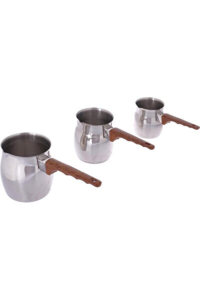 Bester 10-044 Stainless Steel Turkish Coffee Pot with Wooden Handle, Silver, 3-piece set