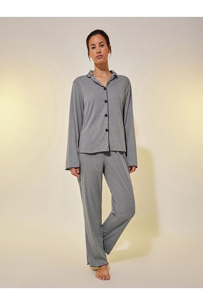 Styli Ribbed Contrast Edge Long Sleeve Shirt and Pyjama Set