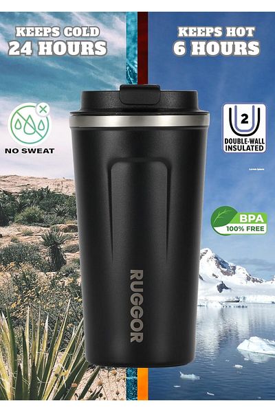 Generic RUGGOR Stainless Steel Insulated Coffee Mug,Leak Proof, Snap-Up Lid, Reusable, Double Wall, Vacuum