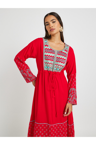 Maxim Creation By Styli Block Print Round Neck Jalabiya with Embroidered Yoke
