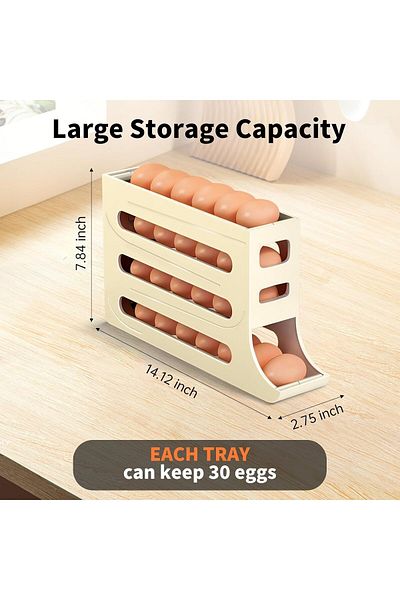 Generic Tazweeq 4 Tiers Egg Dispenser, 30 Eggs Storage Rack, Egg Distributor For Refrigerator Roll Down-Whi