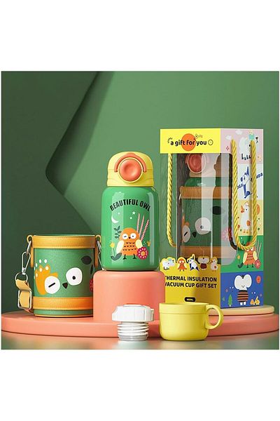 Generic GREBIRD Insulated Water Bottle for Kids, Cartoon Leakproof Straw Water Bottle, 15oz Stainless Steel