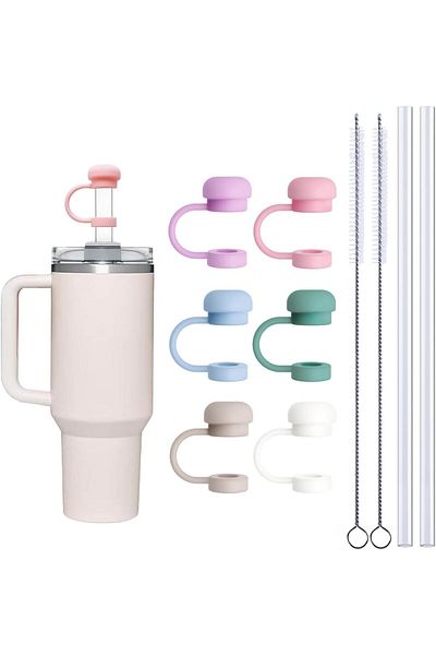 Generic BIGTHREE Straw Cover Caps for Stanley Cup, 6Pcs 10mm Straw Cover Caps, 2 Pcs of 12 Inches Straws, a