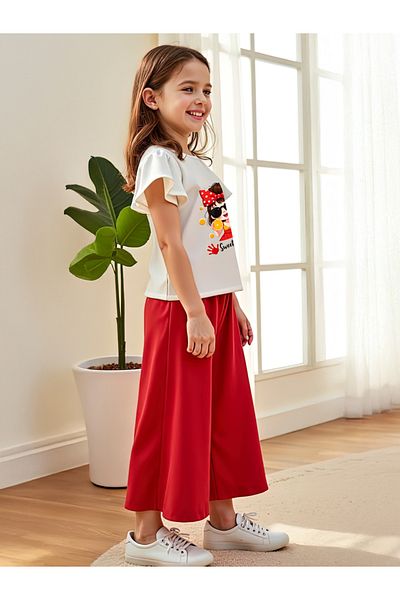 Take Two By Styli Kids 2pcs Kids T-Shirt and Red Wide Leg Pants Set
