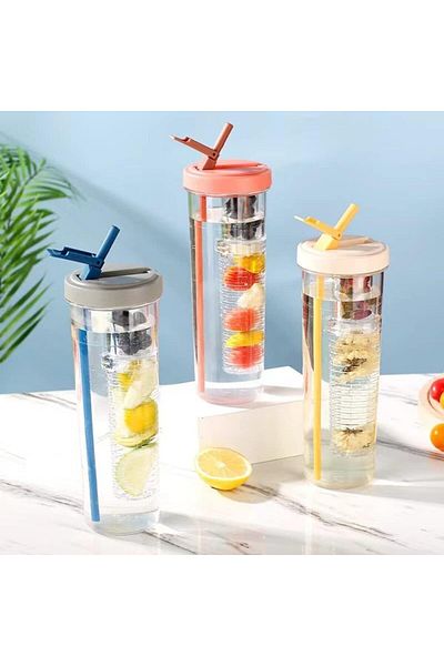 Generic Tazweeq 800ML Foldable Straw Water Bottle, Fruit Infuser Water Bottle with Straw, Reusable Water Bo