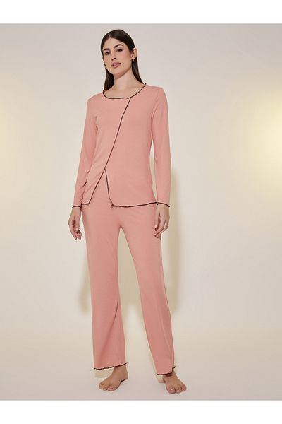 Styli Edge Rib Long Sleeve T-Shirt And Pajama Set