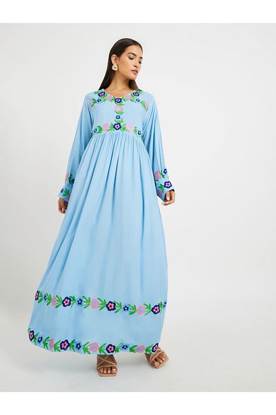 Maxim Creation By Styli Embroidered V Neck Gathered Jalabiya