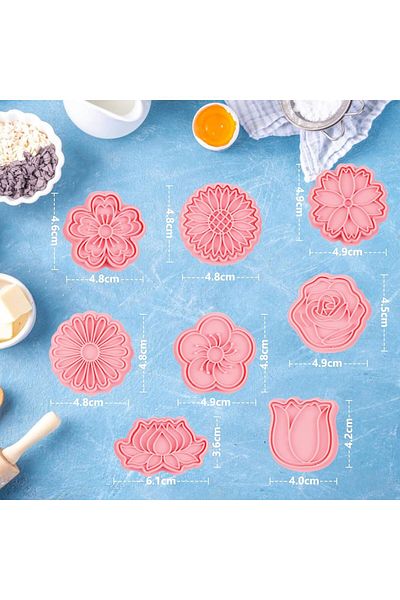 Generic 8-Piece Flower Cookie Cutter Set – 3D Plastic Cookie Molds with Cute Cartoon Shapes for Biscuit, Fo
